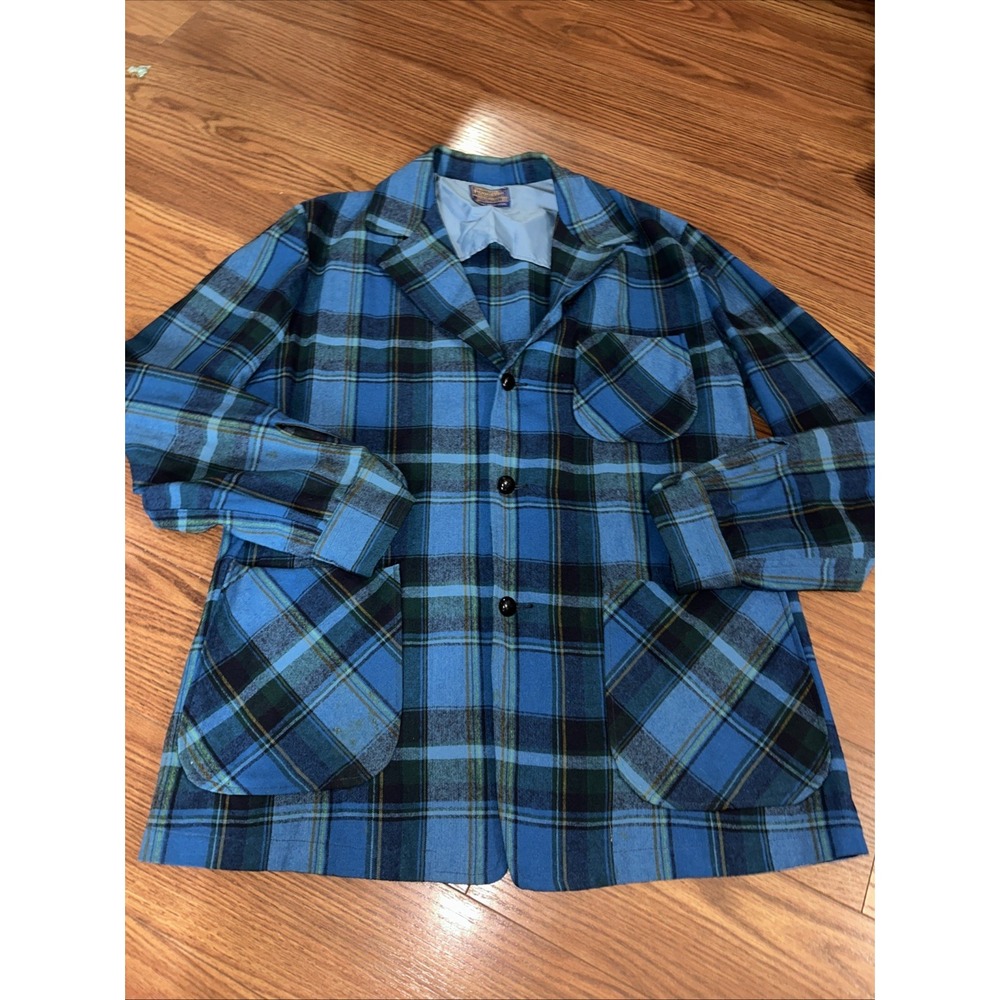 Vtg Pendleton Wool Topster Shacket Blazer Blazer Blue Tartan Plaid Men L Flannel